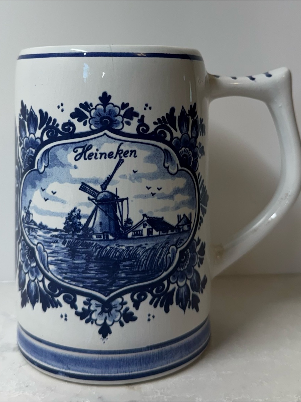 Vintage Heineken Delft-Style Blue and White Ceramic Beer Stein